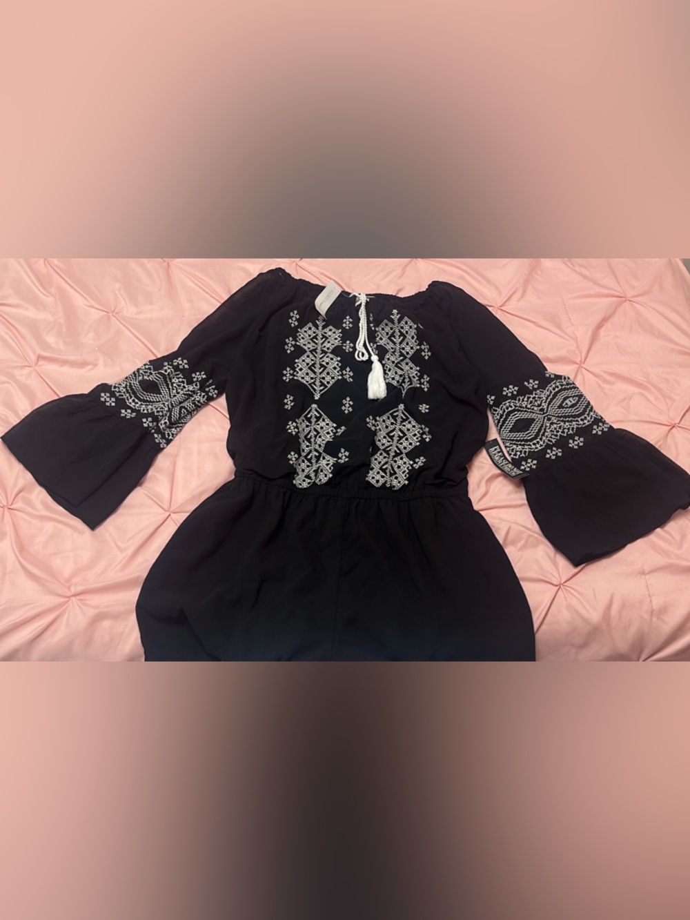 New York & Company Black Jumpsuit with White Embroidered Detail